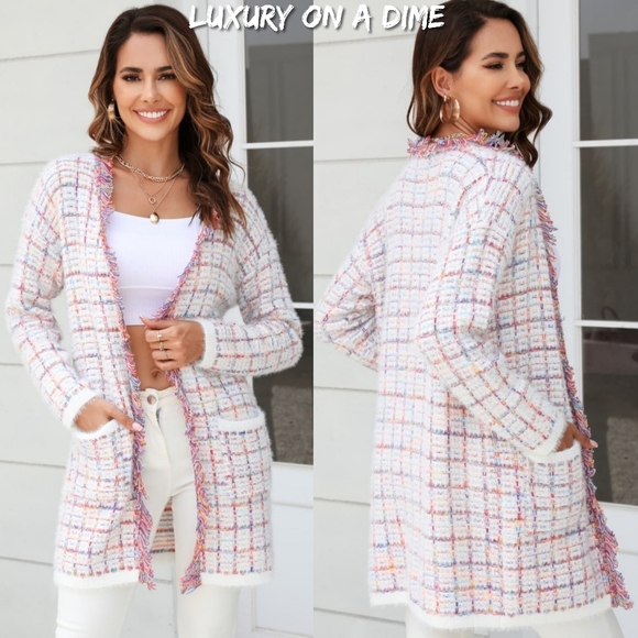 Plaid Retro Knit Colorful Fringe Faux Fur Hem Longline Sweater Cardigan Pink - Picture 5 of 7